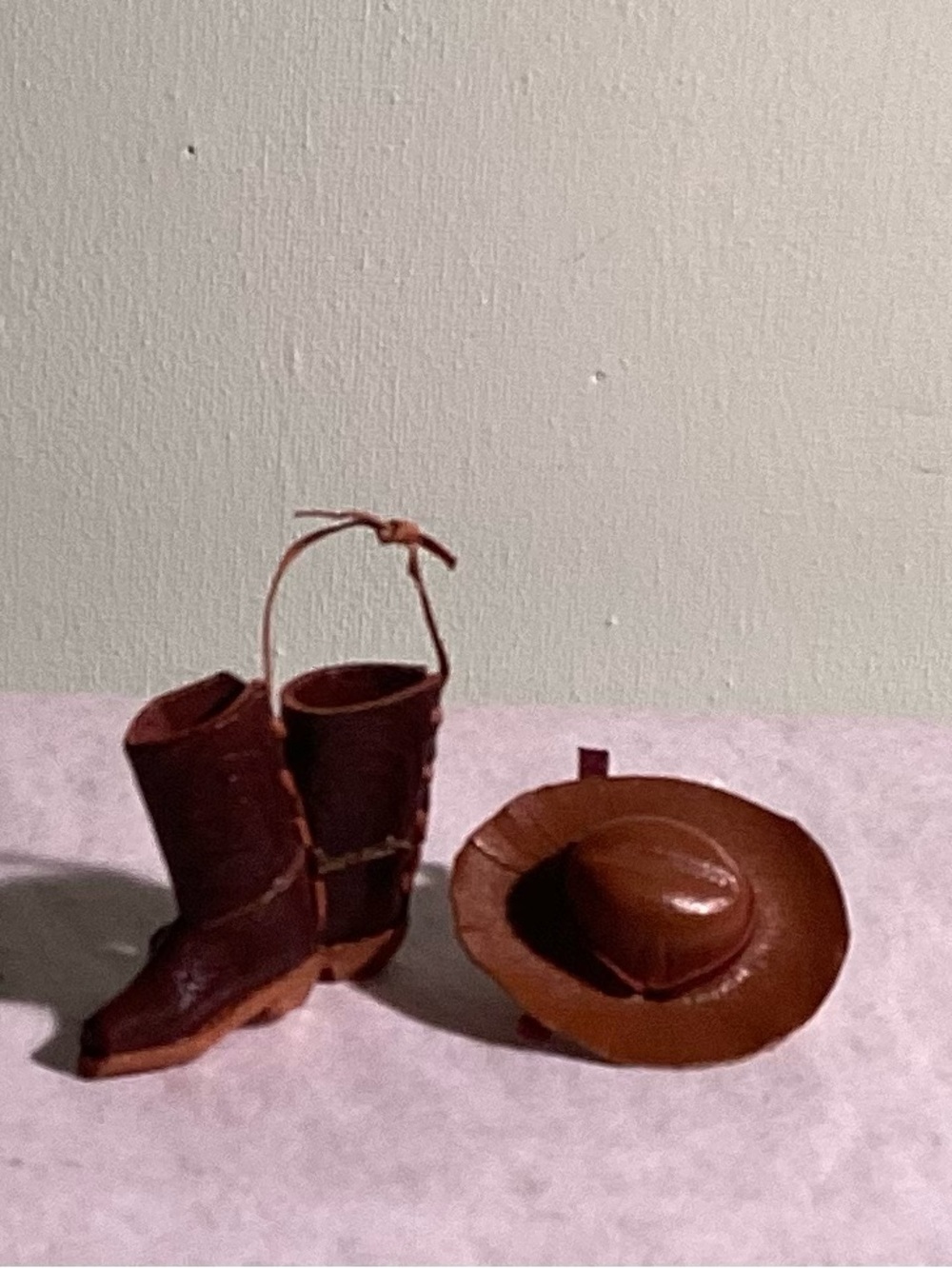 Vintage Miniature Leather Embossed Boots And Brown Hat